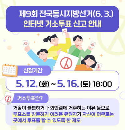 제9회 전국동시지방선거(6.3.) 인터넷 거소투표 신고 안내
/신청기간: 5.12.(화) ~ 5.16.(토) 18:00
/거소투표란? 거동이 불편하거나 외딴섬에 거주하는 이유 등으로 투표소를 방문하기 어려운 유권자가 자신이 머무르는 곳에서 투표를 할 수 있도록 한 제도