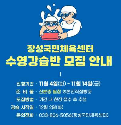 장성국민체육센터 수영강습반 모집 안내
/신청기간: 11월 4일(화) ~ 11월 14일(금)
/준비물: 신분증 필참 ※본인직접방문
/모집방법: 기간 내 현장 접수 후 추첨
/강습시작일: 12월 2일(화)
/문의전화: 033-806-5056(장성국민체육센터)