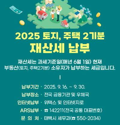 2025년 토지, 주택2기분 재산세 납부 안내

  /재산세는 과세기준일(매년 6월 1일) 현재 부동산(토지, 주택2기분) 
  소유자가 납부하는 세금입니다.

  ◼ 납부기간: 2025. 9. 16. ∼ 9. 30.
  ◼ 납부장소: 전국 금융기관 및 우체국
  ◼ 인터넷 납부: 위택스 및 인터넷지로
  ◼ ARS납부: ☎ 142211(전국 공통 대표번호)
  ◼ 문의처: 태백시 세무과(☎ 550-2034)