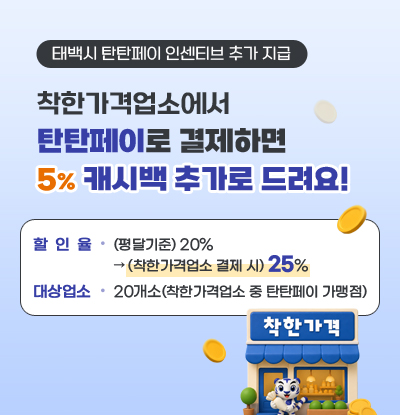 태백시 탄탄페이 인센티브 추가 지급
/착한가격업소에서 탄탄페이로 결제하면 5% 캐시백 추가로 드려요!
- 할 인 율: (평달기준) 20% → (착한가격업소 결제 시) 25%
- 대상업소: 20개소(착한가격업소 중 탄탄페이 가맹점)