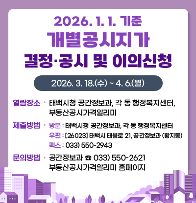 2026. 1. 1. 기준
개별공시지가 결정·공시 및 이의신청
/2026. 3. 18.(수) ~ 4. 6.(월)
/열람장소: 태백시청 공간정보과, 각 동 행정복지센터, 부동산공시가격알리미
/제출방법
-방문 : 태백시청 공간정보과, 각 동 행정복지센터
-우편 : [26023] 태백시 태붐로 21, 공간정보과 (황지동)
-팩스 : 033) 550-2943
/문의방법: 공간정보과 ☎ 033) 550-2621, 부동산공시가격알리미 홈페이지