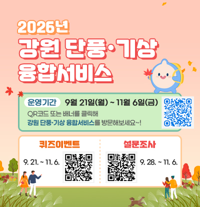 2026년 강원 단풍·기상 융합서비스
/운영기간: 9월 21일(월) ~ 11월 6일(금)
QR코드(https://www.kma.go.kr/gangwon/maple/) 또는 배너를 클릭해
강원 단풍·기상 융합서비스를 방문해보세요~!
/퀴즈이벤트(9.21.~11.6.) QR코드: https://m.site.naver.com/2gjMy
/설문조사(9.28.~11.6.) QR코드: https://m.site.naver.com/2gpuH