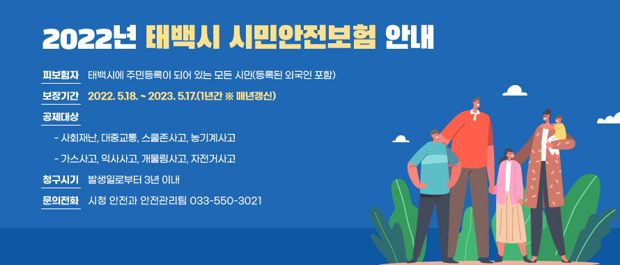 2022년 태백시 시민안전보험 안내
피보험자: 태백시에 주민등록이 되어 있는 모든 시민(등록된 외국인 포함)
보장기간: 2022. 5.18. ~ 2023. 5.17.(1년간 ※ 매년갱신)
공제대상
 - 사회재난, 대중교통,  스쿨존사고, 농기계사고 
 - 가스사고, 익사사고,  개물림사고, 자전거사고
청구시기: 발생일로부터 3년 이내
문의전화: 시청 안전과 안전관리팀 033-550-3021