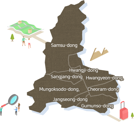Samsu-dong, Hwangji-dong, Sangjang-dong, Hwangyeon-dong, Mungoksodo-dong, Cheoram-dong, Jangseong-dong, Gumunso-dong