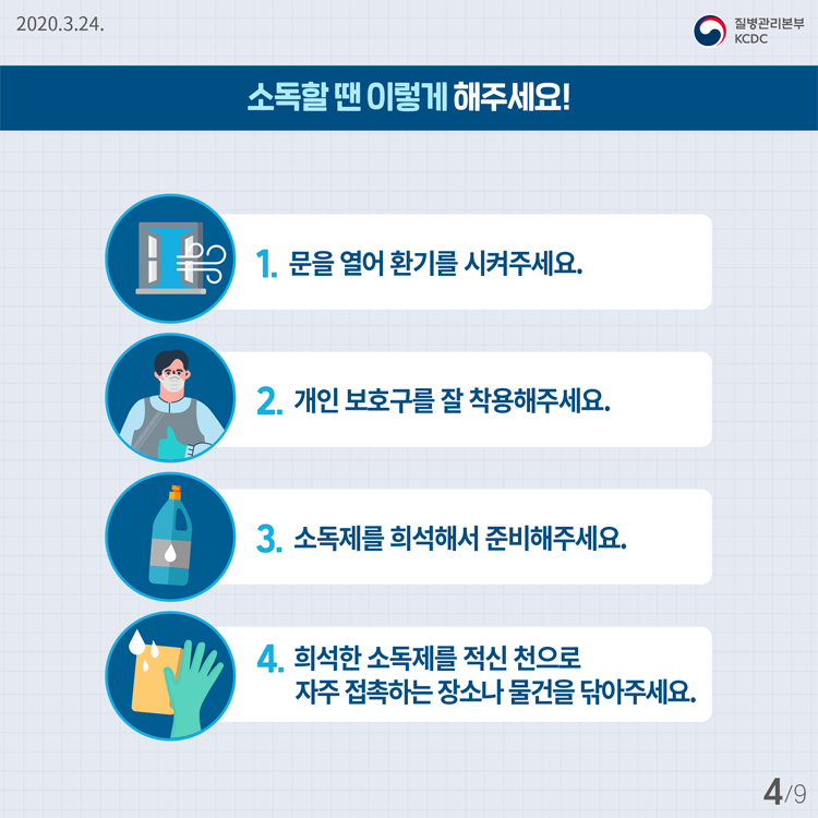 소독할 땐 이렇게 해주세요!1.  문을 열어 환기를 시켜주세요.2.  개인 보호구를 잘 착용해주세요.3.  소독제를 희석해서 준비해주세요.4.  희석한 소독제를 적신 천으로 자주 접촉하는 장소나 물건을 닦아주세요.