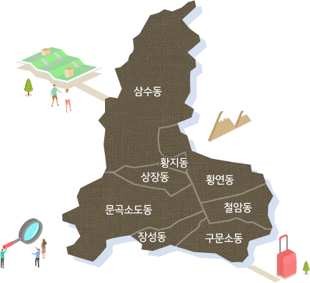 태백시는 삼수동, 황지동, 상장동, 문곡소도동, 장성동, 황연동, 철암동, 구문소동 등 총 8개의 행정동이 조직되어있다.